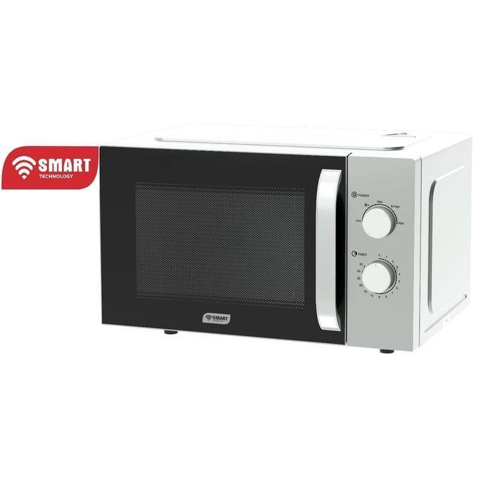 1 (8) Compact microwave oven with a black front door, silver handle, and two control dials on the right; branded SMART Technology logo on the left.