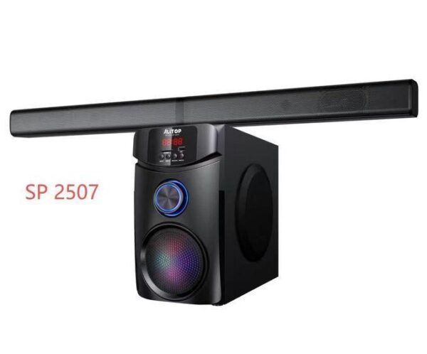 Soundbar with attached subwoofer system labeled SP 2507; modern black speaker setup with LED controls.