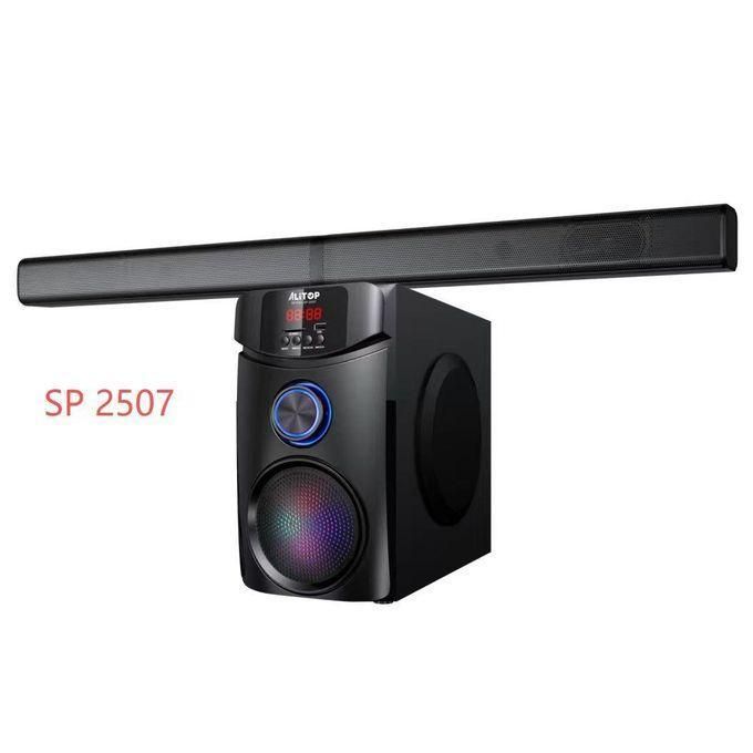 1 (8) Soundbar with attached subwoofer system labeled SP 2507; modern black speaker setup with LED controls.