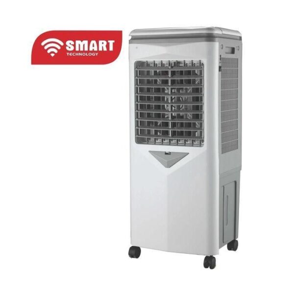 White portable evaporative cooler on caster wheels with a vented front grille and SMART TECHNOLOGY branding on the top left.