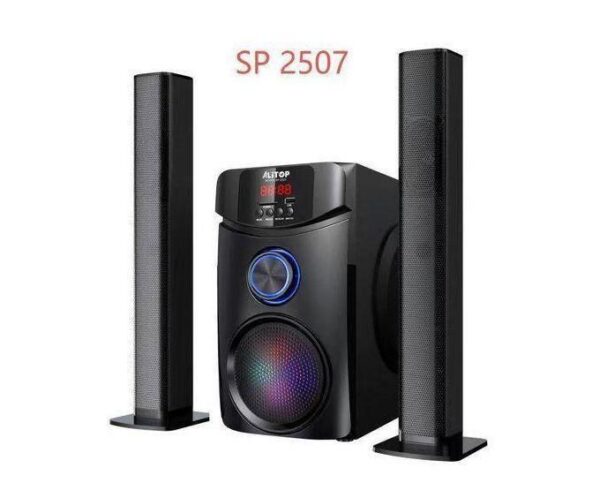SP 2507 speaker system with two tall black satellite speakers and a subwoofer with blue LED ring.
