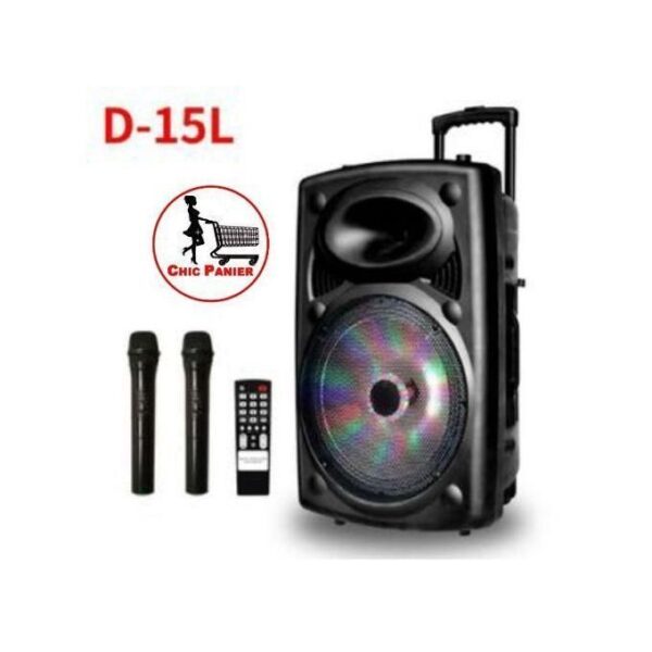 D-15L portable speaker with two wireless mics, remote, and carrying handle, shown with a Chic Panier logo badge