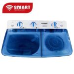 Front view of a twin-drum washer-dryer with blue-tinted doors, white control panel, and 'SMART TECHNOLOGY' logo above left.