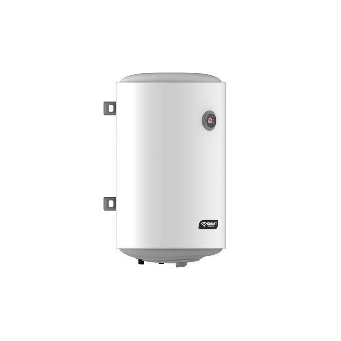 White vertical electric water heater with wall brackets on the left and a round front thermostat.