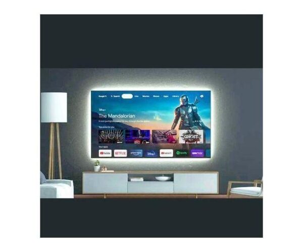 TV mounted on a modern media console showing streaming content, including The Mandalorian, in a contemporary living room