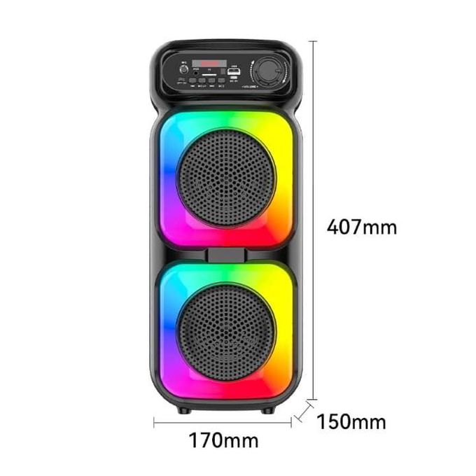 Portable Bluetooth speaker with two rainbow-lit panels and a top control panel (407 mm tall).