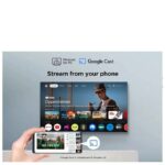 TV screen shows streaming apps; a phone in a hand casts to it, with Google Cast and Miracast logos above.