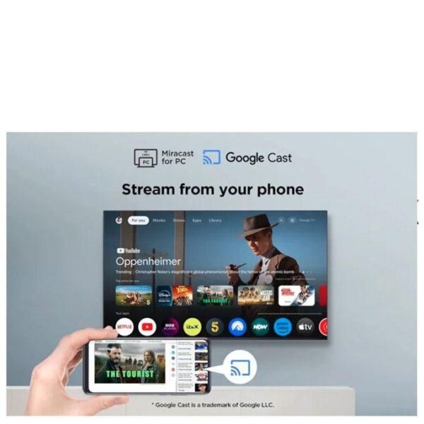 TV screen shows streaming apps; a phone in a hand casts to it, with Google Cast and Miracast logos above.