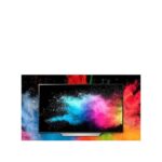 Flat-screen monitor with a colorful powder explosion background, framed in black with a small stand base, on a vibrant splash backdrop.