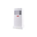White portable air cooler with front louvers and base stand