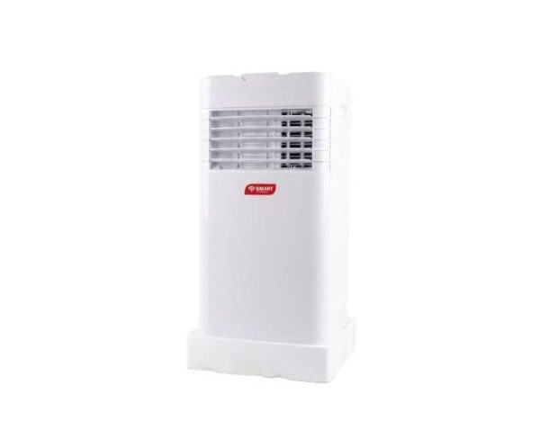 White portable air cooler with front louvers and base stand