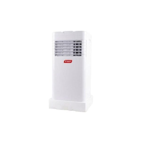 White portable air cooler with front louvers and base stand