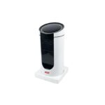 Tall white tower appliance with a black vent panel and a blue indicator light on top, standing on a white base (likely an air purifier).