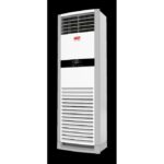 Tall standing tower air conditioner with horizontal vents at the top and a control panel in the middle, white and gray finish.