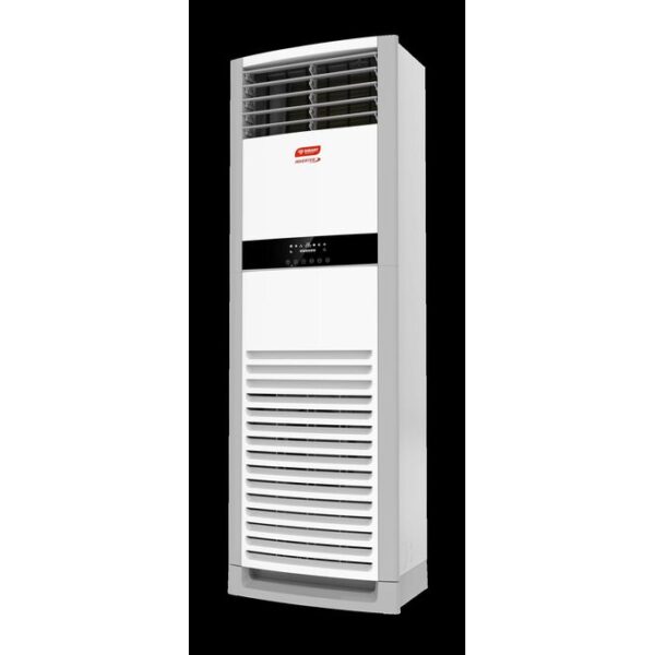 Tall standing tower air conditioner with horizontal vents at the top and a control panel in the middle, white and gray finish.