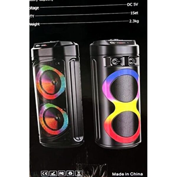 Two black portable Bluetooth speakers with glowing RGB ring lights on the front, standing upright against a dark background.