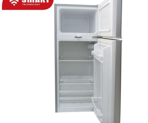 Open two-door refrigerator with a top freezer, showing empty shelves; red SMART TECHNOLOGY badge in the top-left corner.