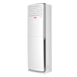 Tower floor-standing air conditioner unit in white, with a vented top panel and slim, vertical design.