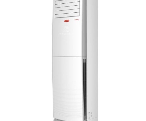 Tower floor-standing air conditioner unit in white, with a vented top panel and slim, vertical design.
