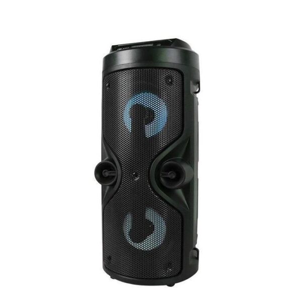 Tall black portable Bluetooth speaker with two large circular drivers and blue LED rings.
