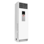 Tall white floor-standing air conditioner with horizontal vent at the top and a small digital control panel in the center.