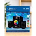Box for Original Star OP-202 multimedia speaker system with rainbow-colored USB-CD player and two satellite speakers on a wooden surface.