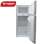 Open white two-door refrigerator with a top freezer, doors wide open showing empty shelves; red SMART TECHNOLOGY logo in the corner.
