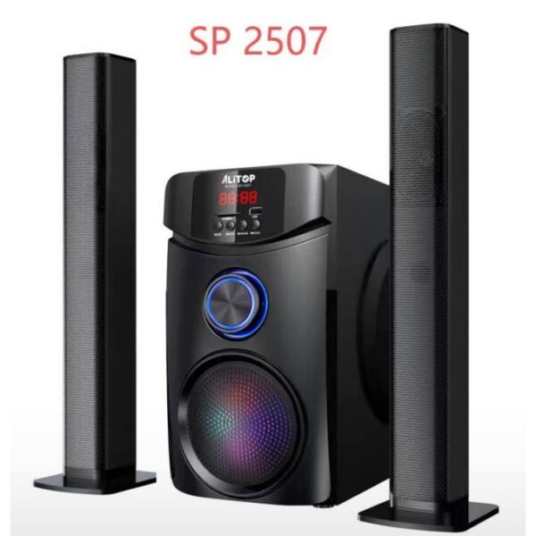 Speaker system with a central subwoofer and two tall, perforated black satellite speakers, model SP 2507, with colorful LED-lit woofer
