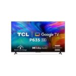 TCL Google TV P635 55-inch TV with colorful screen and stand, showing Bezelless design and Dolby Audio logos on the display edge.