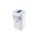 White portable dehumidifier with a control panel on top and front vent grille, standing alone on a white background.