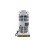 White cylindrical portable air cooler on a wooden base with side vents and a power cord visible