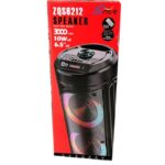 Product box for Seng-e ZQS6212 speaker showing a black portable Bluetooth speaker with colorful LED lights on the front grille.