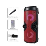 Portable red party speaker with two circular drivers; accessories listed: wired microphone, remote, and suspenders/strap