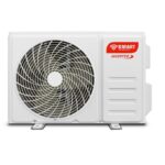 Outdoor air conditioner condenser unit with a large circular fan and SMART Inverter badge on the side panel, white housing