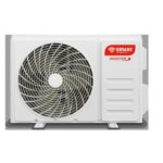 Outdoor air conditioner condenser with a circular fan behind a grille and 'SMART INVERTER' badge in the corner of the unit's front panel