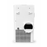 Rear view of a white portable appliance showing a circular duct/port on the right and a large vent grid at the bottom left.