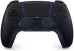 Front view of a black PlayStation controller (DualShock) with two analog sticks, D-pad, and four action buttons on the right.