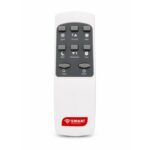 White handheld remote control with a gray button panel, labeled for speed, temperature up/down, night mode, swing, and on/off, featuring a red SMART Technology logo at the bottom.