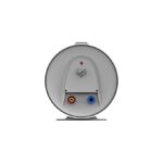 Front view of a circular gray device with a central knob and red and blue RCA connectors at the bottom.