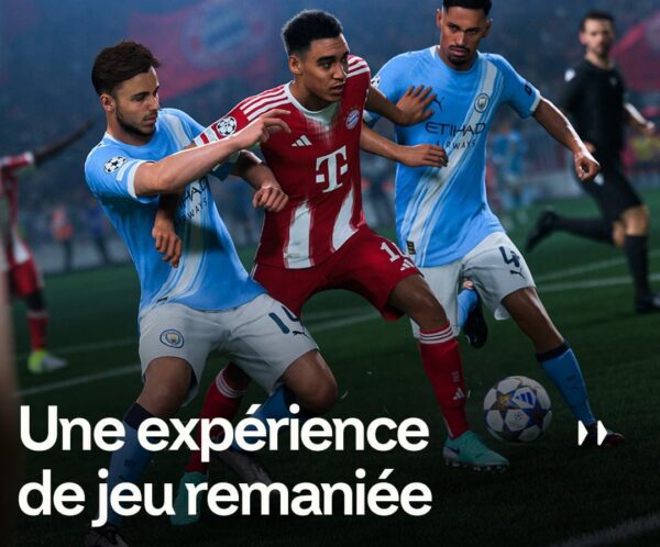 Three soccer players chase the ball during a match: two Manchester City players in light blue defend against a red-and-white Bayern Munich player, with the French phrase 'Une expérience de jeu remaniée' overlaid.