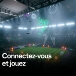 Soccer stadium at night with fireworks and the bold overlaid slogan 'Connectez-vous et jouez'.