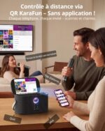 Group karaoke setup with microphone, speaker, and TV screen; overlay promotes QR KaraFun remote control and features like tempo customization and queue (no app required).