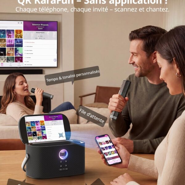 Group karaoke setup with microphone, speaker, and TV screen; overlay promotes QR KaraFun remote control and features like tempo customization and queue (no app required).