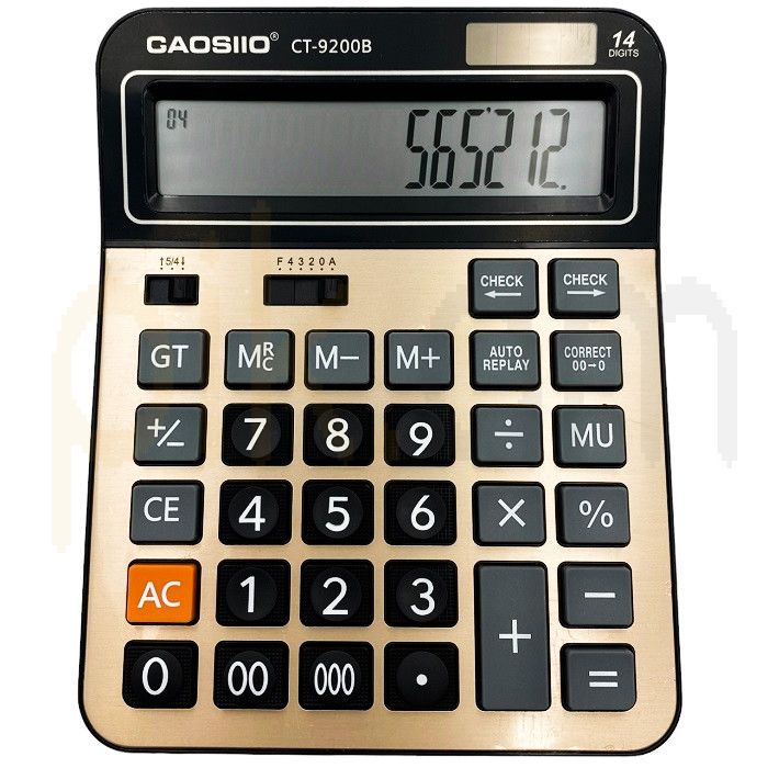 7371a288-8f6b-4695-87eb-b2e4a80f9189-photoroom Gold-colored calculator with black buttons and a large digital display showing 565212, brand GAOSIO CT-9200B.