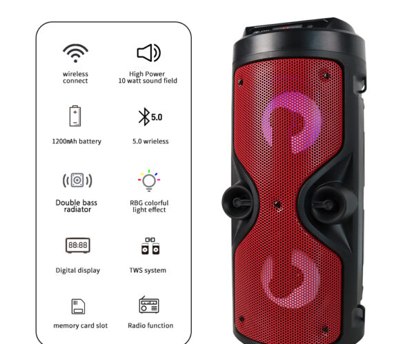 Portable wireless speaker with a red front grille beside a feature panel listing Bluetooth 5.0, 1200mAh battery, digital display, and RGB lighting icons.