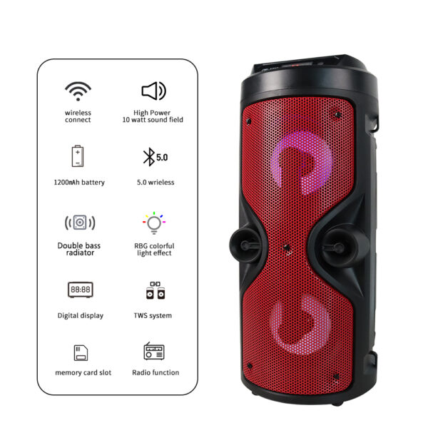 Portable wireless speaker with a red front grille beside a feature panel listing Bluetooth 5.0, 1200mAh battery, digital display, and RGB lighting icons.