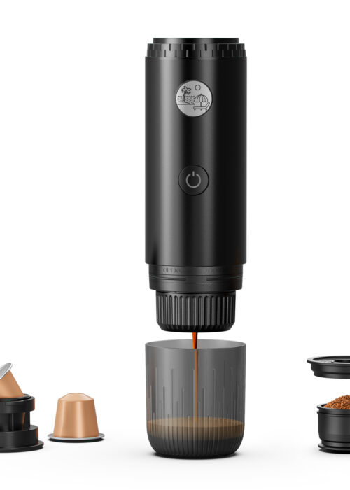 Disassembled black coffee capsule device with lid and several capsules separated, showing internal parts and ground coffee cups lined up below