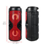 Tall black and red portable speaker shown from front and side, with height 15.7 inches and width 6.7 inches.