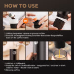 How to use: a five-step coffee maker guide. 01 add coffee grounds or capsule, 02 attach adapter and portafilter, 03 fill the water reservoir, 04 press the start switch, 05 brew espresso into a cup.