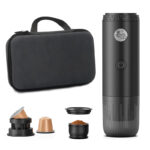 Portable black coffee grinder with interchangeable pods and a protective carrying case.
